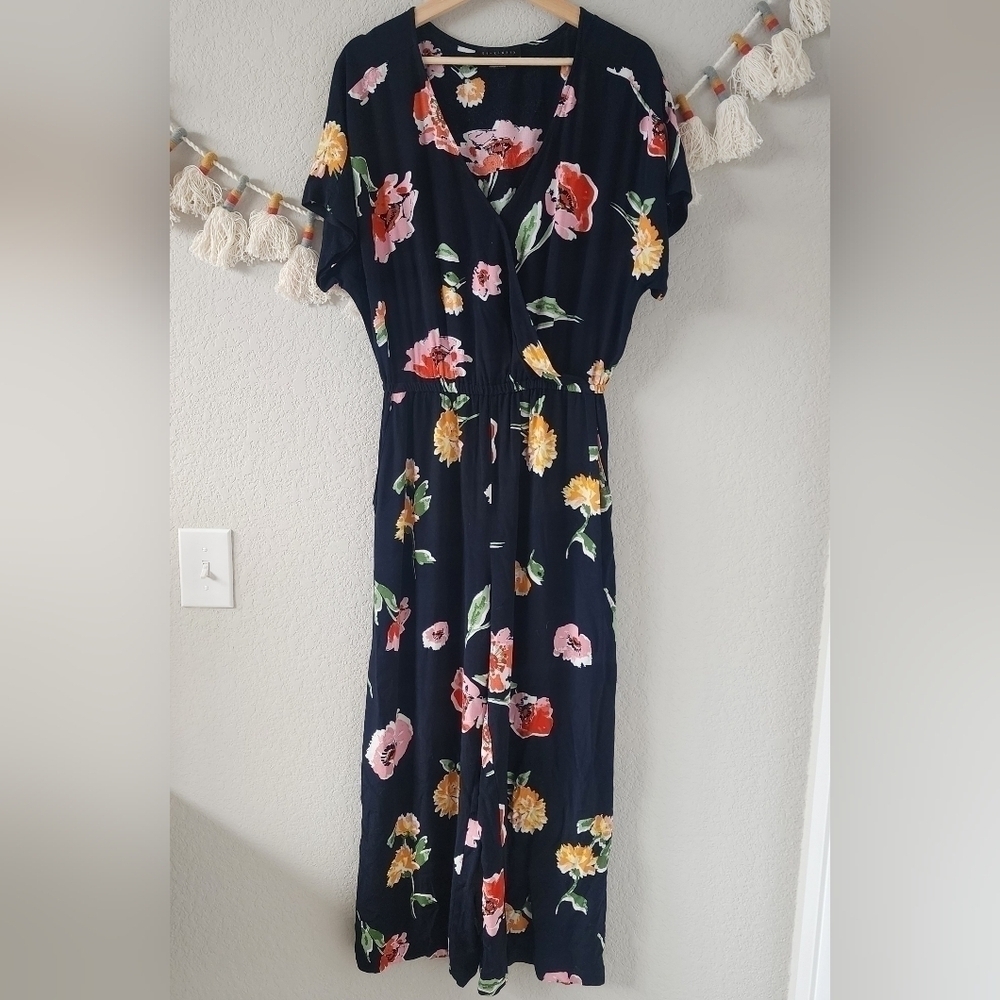Sanctuary Floral Black Wide Leg One Piece Jumpsuit W/Pockets Boho Prairie L
